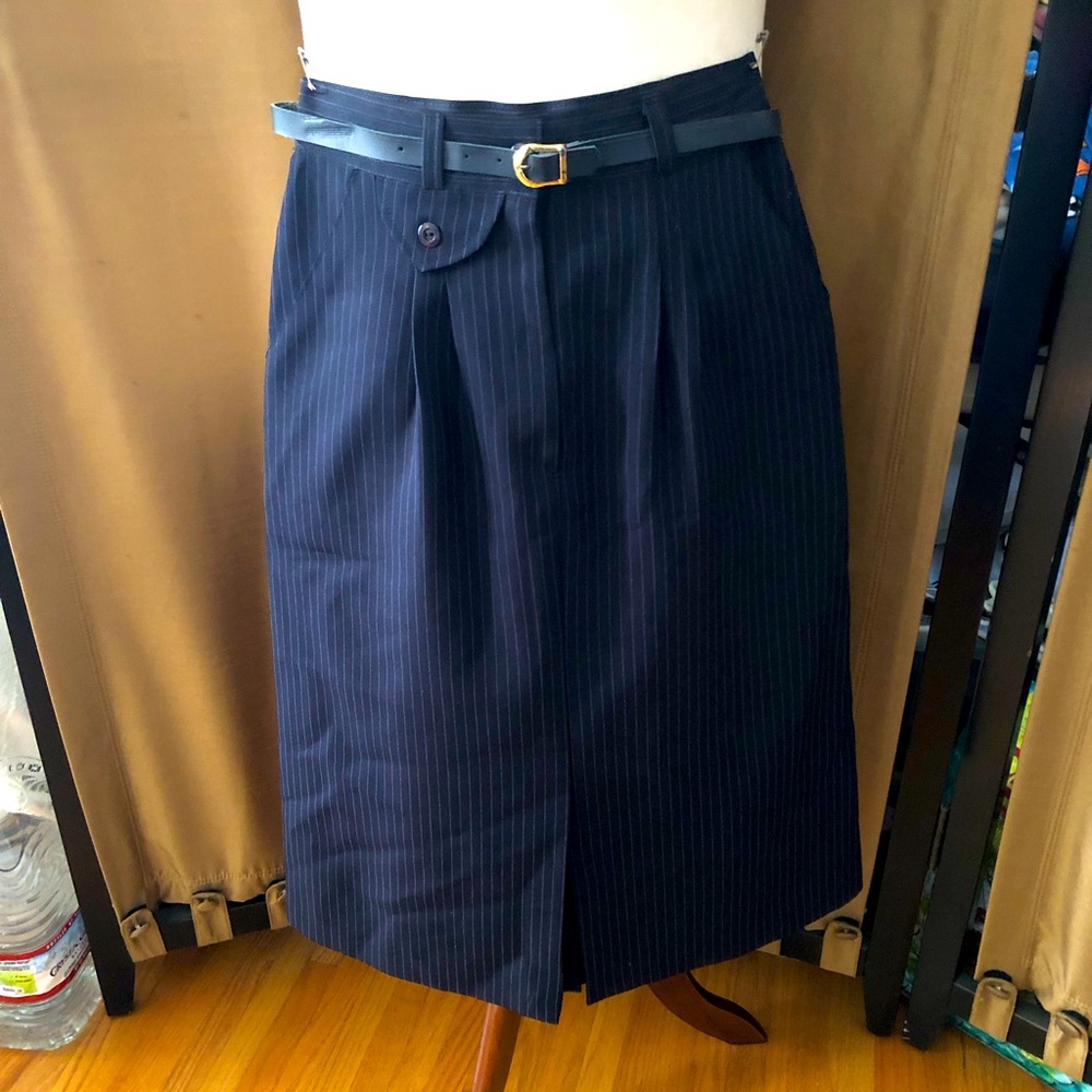 Navy Pinstripe Pencil Skirt with Belt